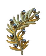 Broche - Guld blad med grå små perler